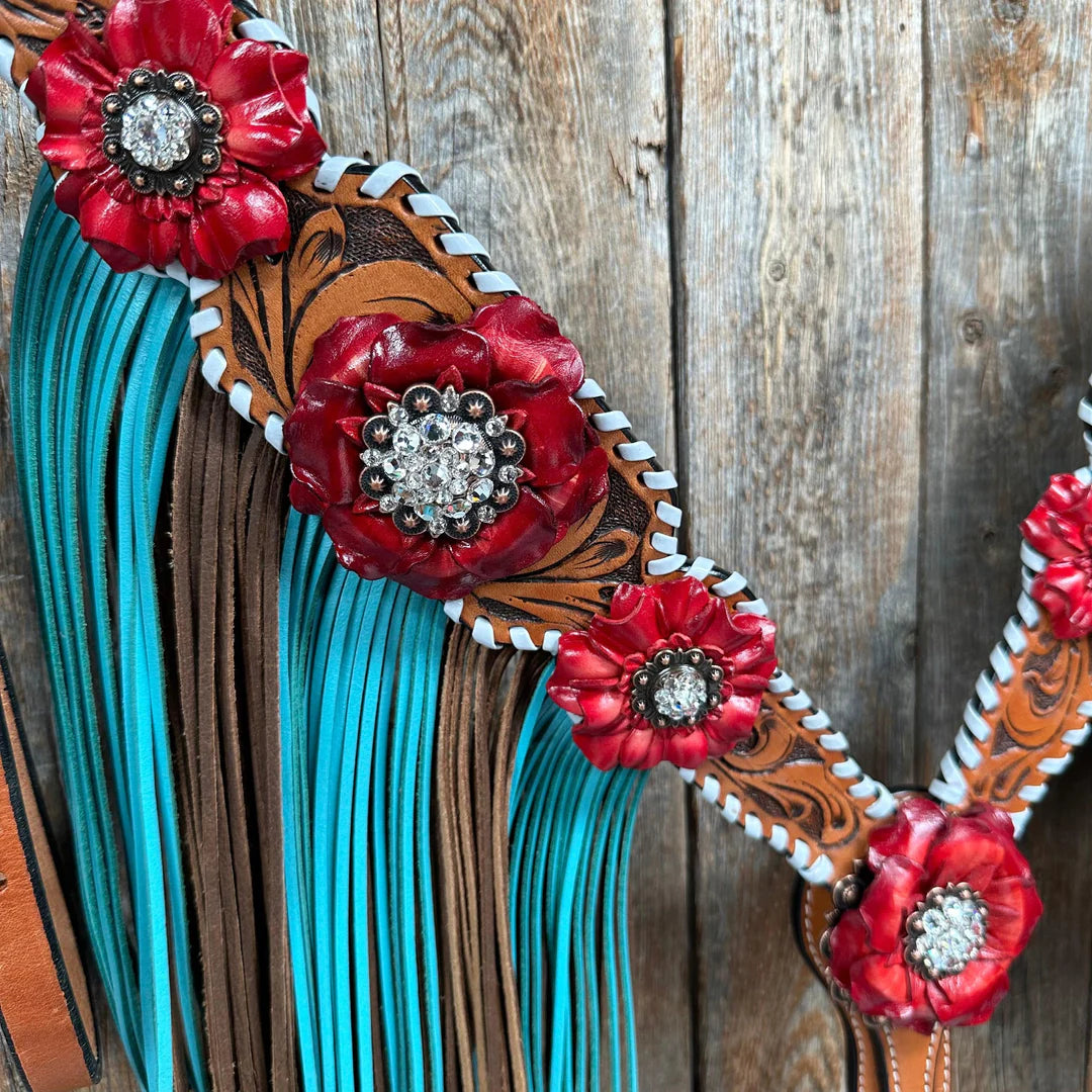 Light Oil Whipstitch Red and Turquoise One Ear/ Breastcollar Tack Set