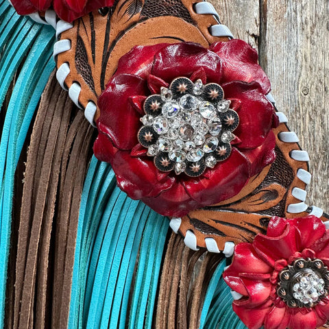 Light Oil Whipstitch Red and Turquoise One Ear/ Breastcollar Tack Set