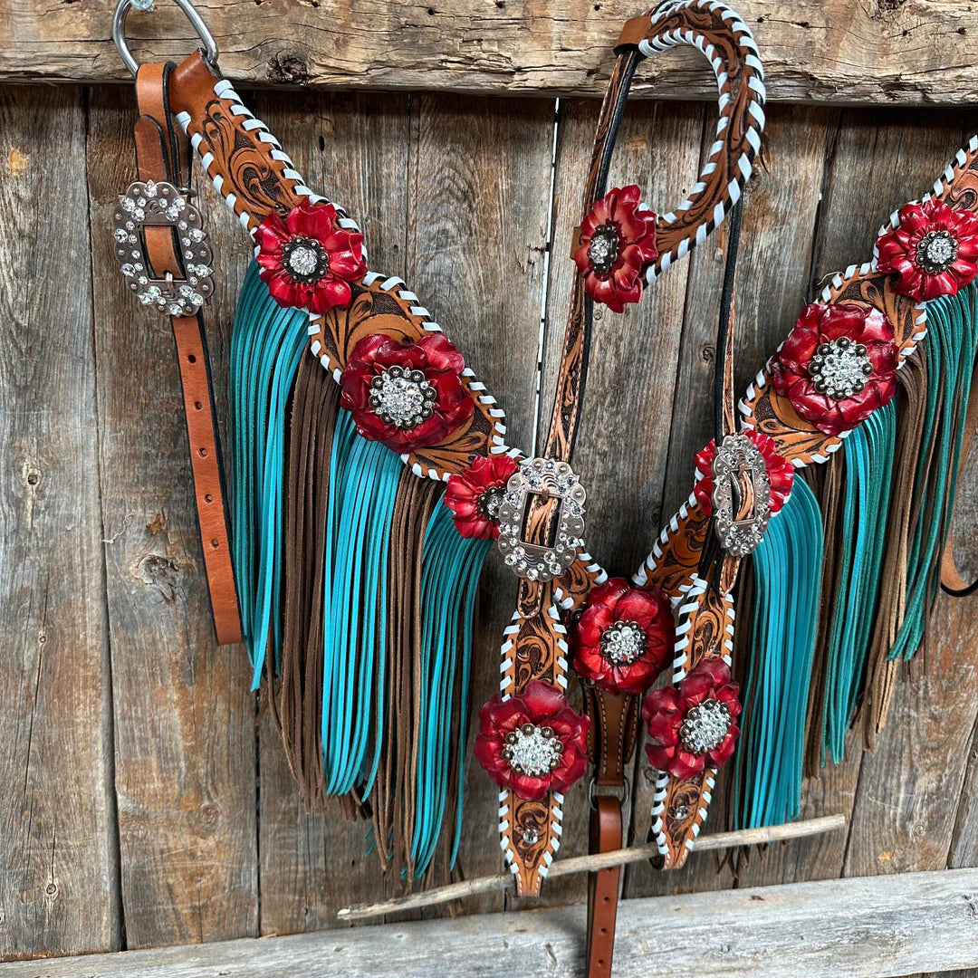 Light Oil Whipstitch Red and Turquoise One Ear/ Breastcollar Tack Set