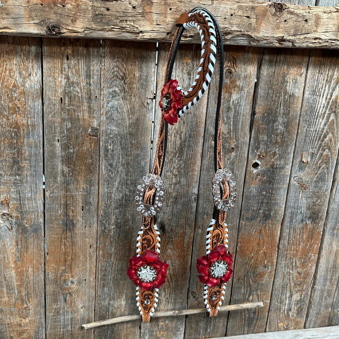 Light Oil Whipstitch Red and Turquoise One Ear/ Breastcollar Tack Set