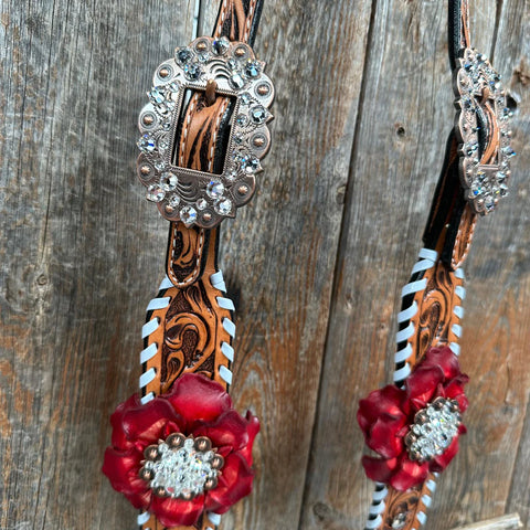 Light Oil Whipstitch Red and Turquoise One Ear/ Breastcollar Tack Set