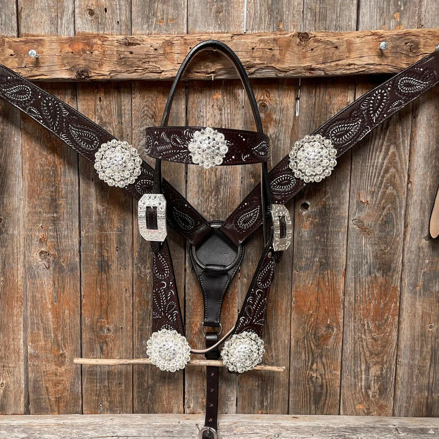 Paisley White Bright Silver Browband/One Ear Tack Set