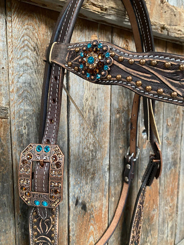 Brushed Chocolate Teal/Champagne/Topaz Browband & Breastcollar Tack Set