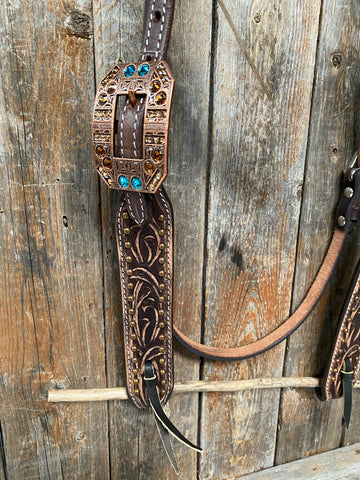 Brushed Chocolate Teal/Champagne/Topaz Browband & Breastcollar Tack Set