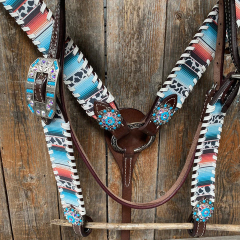 Cow Stripe Print Turquoise Headstall & Breastcollar Tack Set