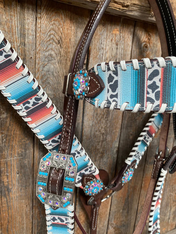 Cow Stripe Print Turquoise Headstall & Breastcollar Tack Set