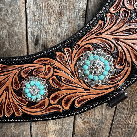 Two Tone Floral Tripping Turquoise & Clear One Ear / Browband Breastcollar Tack Set