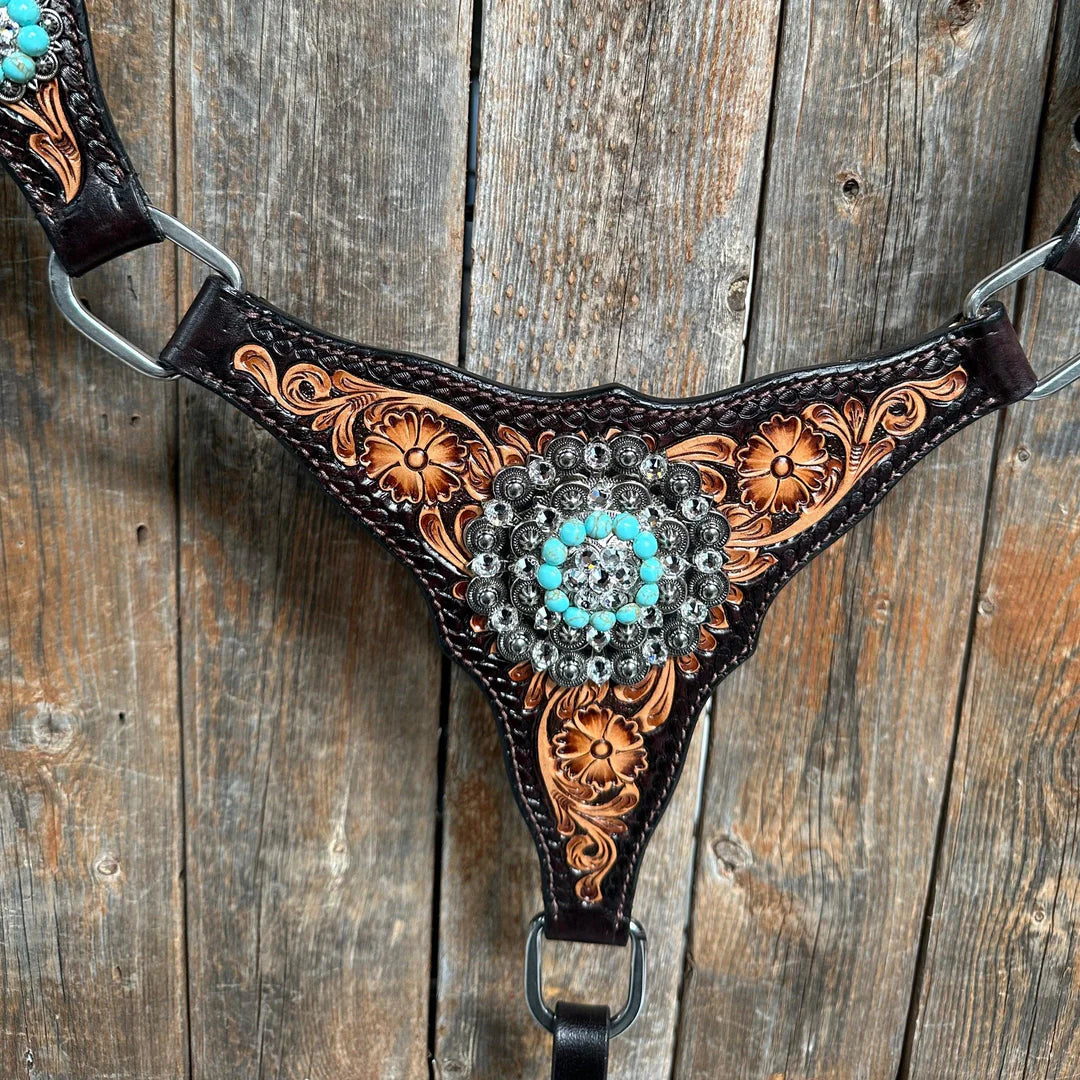 Two Tone Floral Triangle Turquoise and Clear One Ear / Gladiator Breastcollar Tack Set