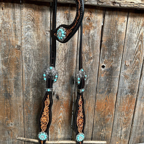 Two Tone Floral Triangle Turquoise and Clear One Ear / Gladiator Breastcollar Tack Set