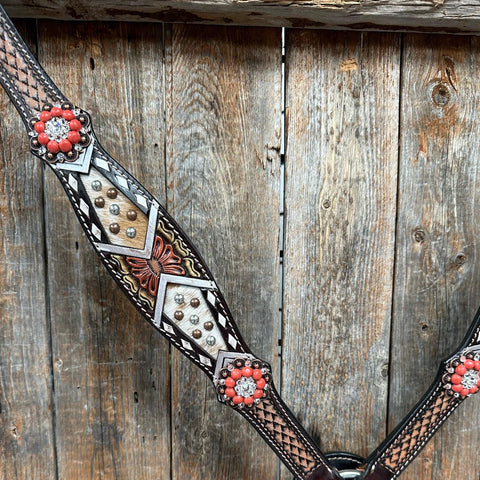 Cowhide Coral and Clear One Ear/ Breastcollar Tack Set