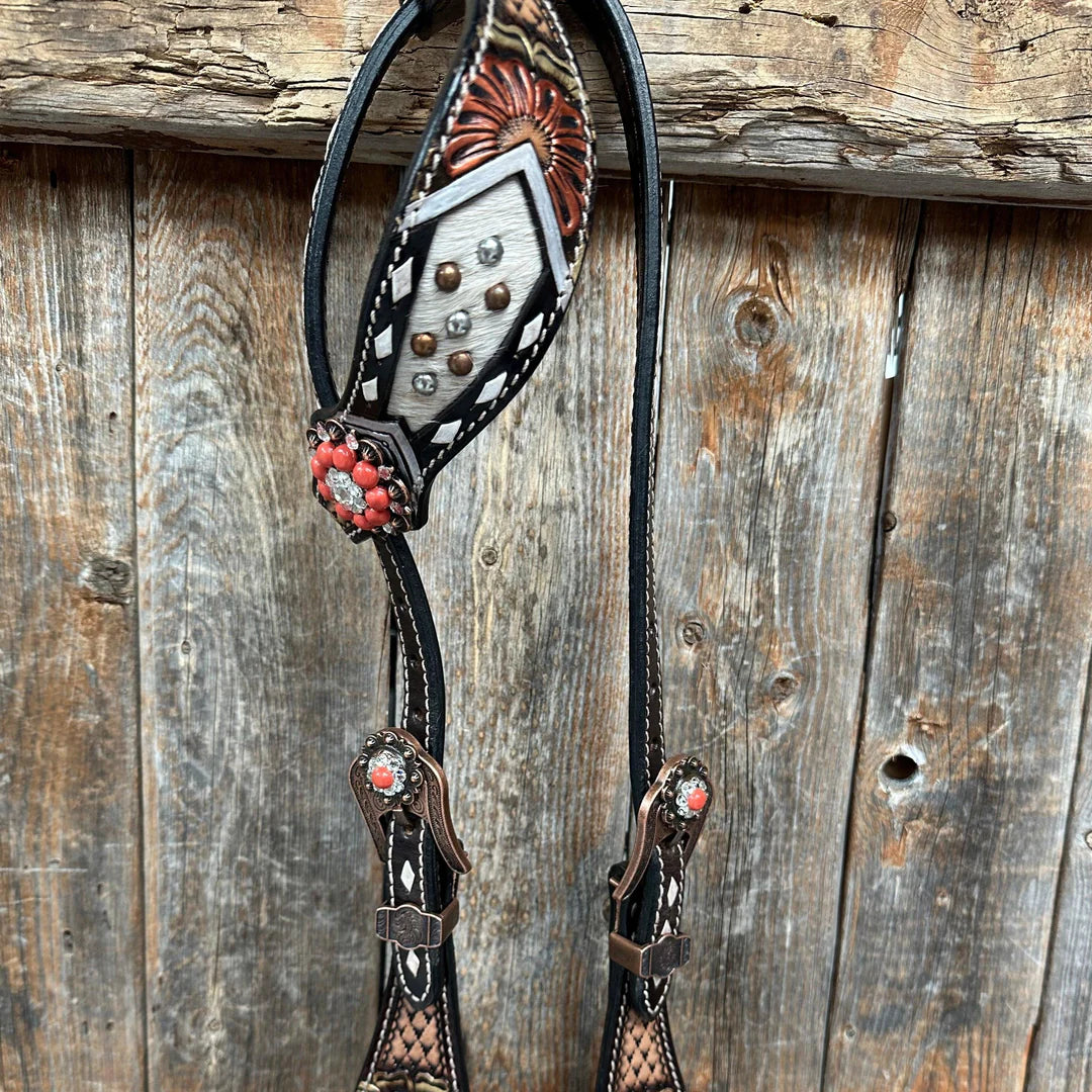 Cowhide Coral and Clear One Ear/ Breastcollar Tack Set