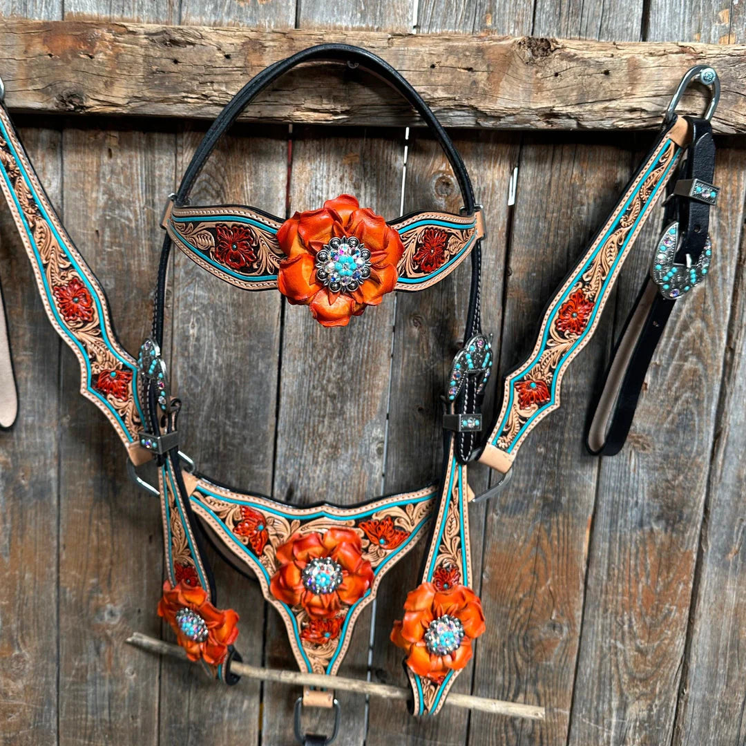 Teal Two Tone Orange and Turquoise Browband/ Gladiator Breastcollar Tack Set