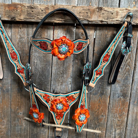 Teal Two Tone Orange and Turquoise Browband/ Gladiator Breastcollar Tack Set