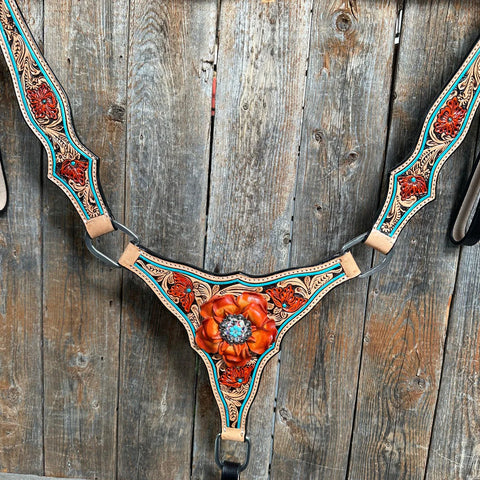 Teal Two Tone Orange and Turquoise Browband/ Gladiator Breastcollar Tack Set