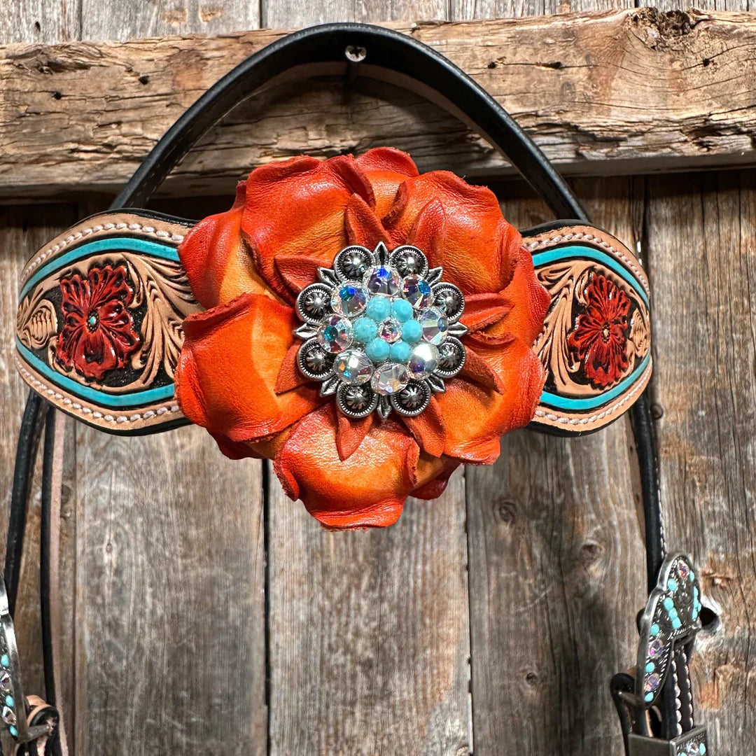 Teal Two Tone Orange and Turquoise Browband/ Gladiator Breastcollar Tack Set