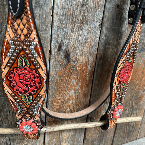 Rose Coral and Clear Browband/ Breastcollar Tack Set