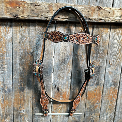 Floral Teal Dot Champagne - Teal Browband/One Ear Headstall - Breastcollar Tack Set