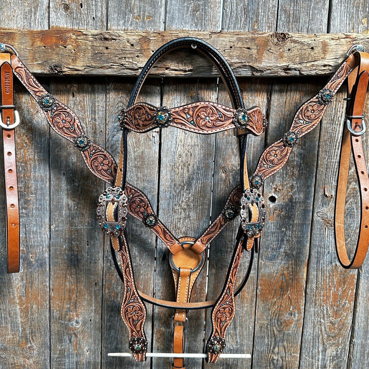 Floral Teal Dot Champagne - Teal Browband/One Ear Headstall - Breastcollar Tack Set