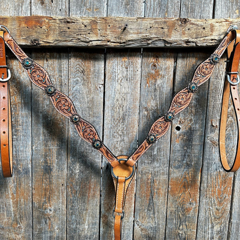 Floral Teal Dot Champagne - Teal Browband/One Ear Headstall - Breastcollar Tack Set