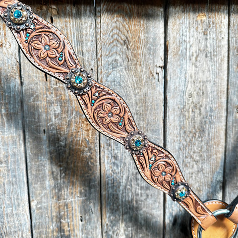 Floral Teal Dot Champagne - Teal Browband/One Ear Headstall - Breastcollar Tack Set