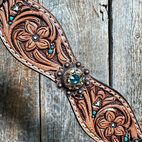 Floral Teal Dot Champagne - Teal Browband/One Ear Headstall - Breastcollar Tack Set