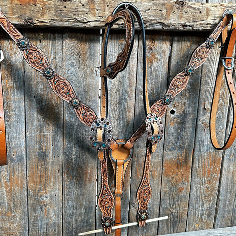 Floral Teal Dot Champagne - Teal Browband/One Ear Headstall - Breastcollar Tack Set