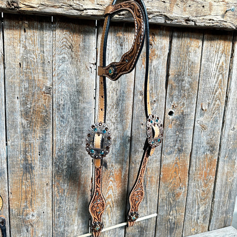 Floral Teal Dot Champagne - Teal Browband/One Ear Headstall - Breastcollar Tack Set