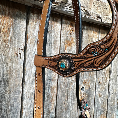 Floral Teal Dot Champagne - Teal Browband/One Ear Headstall - Breastcollar Tack Set