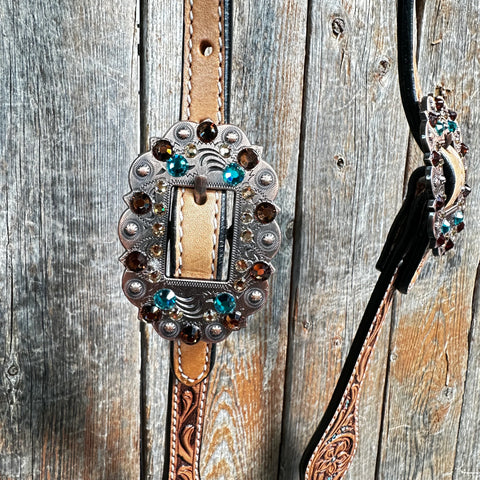 Floral Teal Dot Champagne - Teal Browband/One Ear Headstall - Breastcollar Tack Set