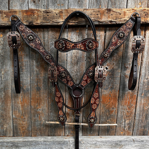 Flower Power and Chocolate Browband/One Ear Headstall & Breastcollar Tack Set