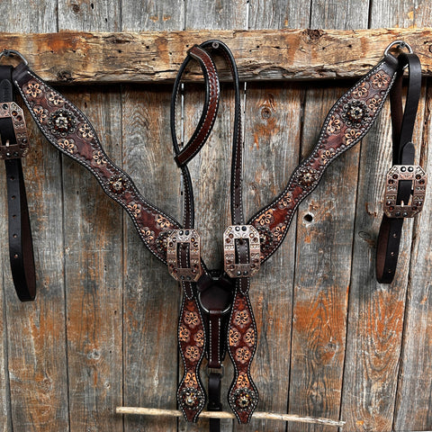 Flower Power and Chocolate Browband/One Ear Headstall & Breastcollar Tack Set