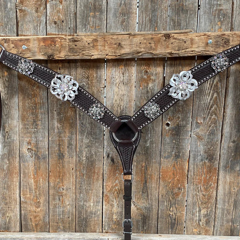 Dark Oil Silver Dot Flowers and Skulls Browband / One Ear Tack Set