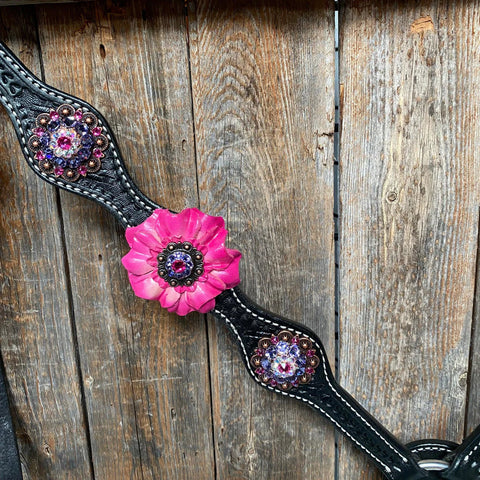 Black Basketweave Pink and Purple Browband/One Ear Tack Set