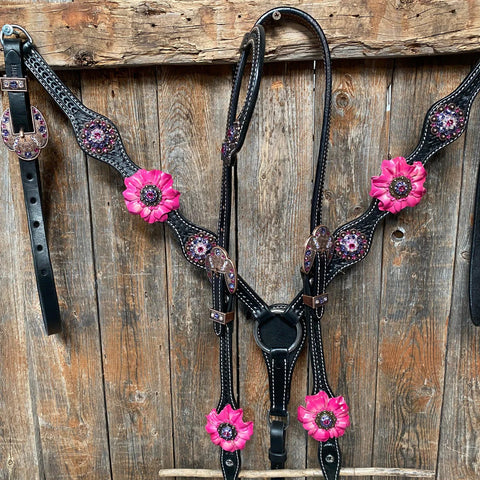 Black Basketweave Pink and Purple Browband/One Ear Tack Set