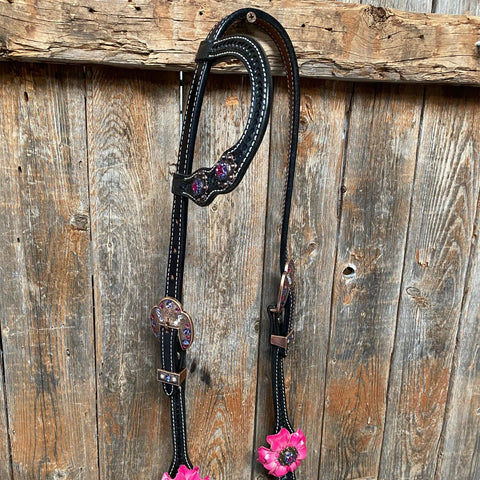 Black Basketweave Pink and Purple Browband/One Ear Tack Set