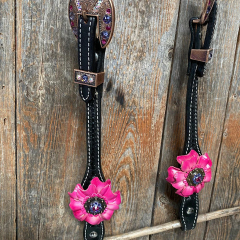 Black Basketweave Pink and Purple Browband/One Ear Tack Set