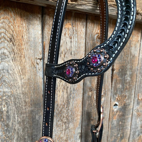 Black Basketweave Pink and Purple Browband/One Ear Tack Set