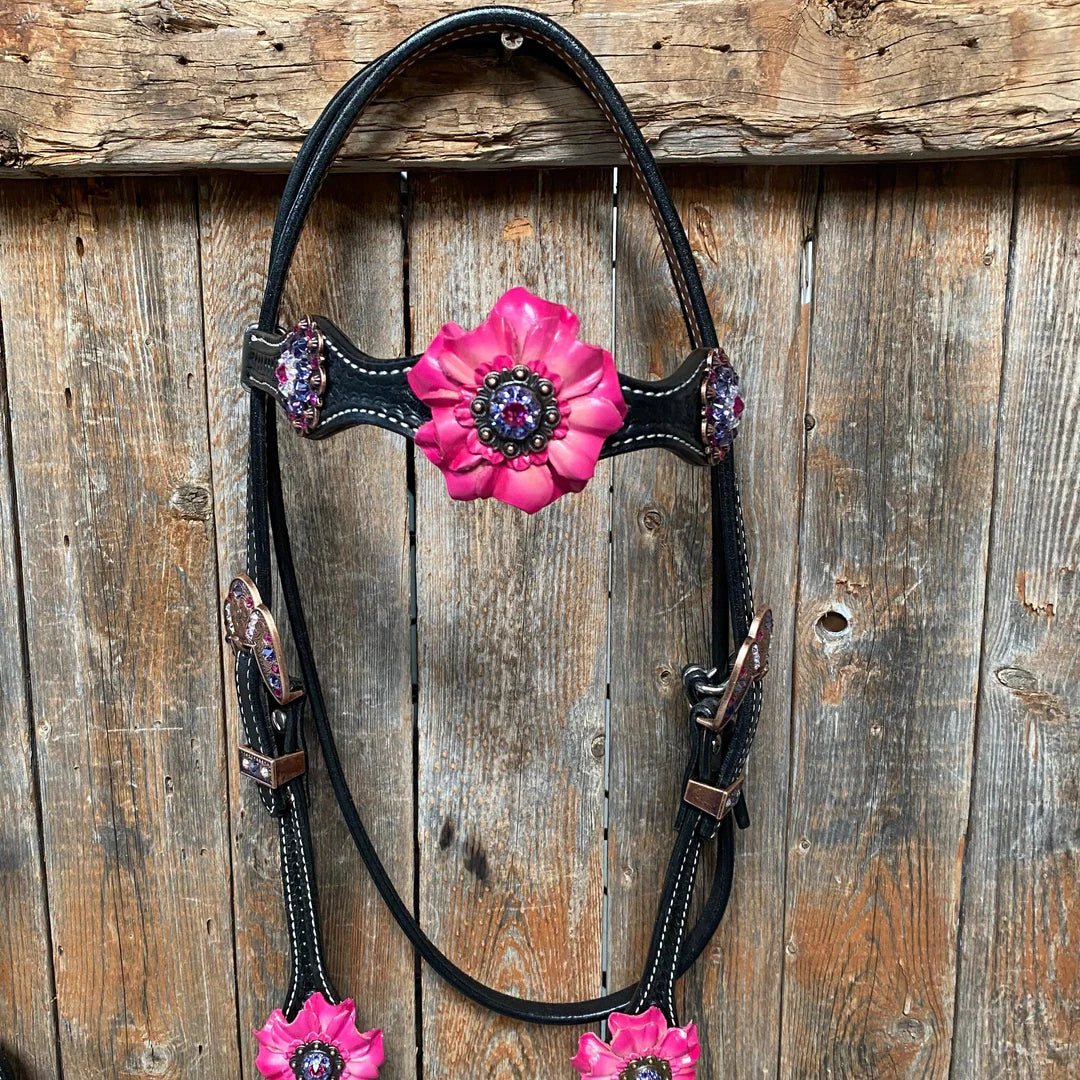 Black Basketweave Pink and Purple Browband/One Ear Tack Set