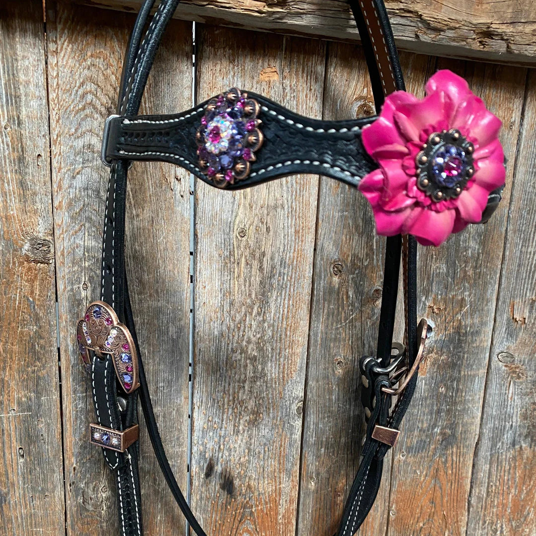 Black Basketweave Pink and Purple Browband/One Ear Tack Set