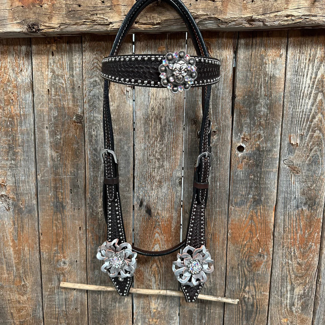 Dark Oil Silver Dot Flowers and Skulls Browband / One Ear Tack Set