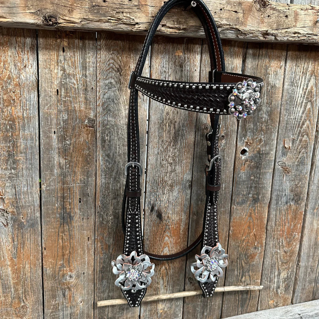 Dark Oil Silver Dot Flowers and Skulls Browband / One Ear Tack Set