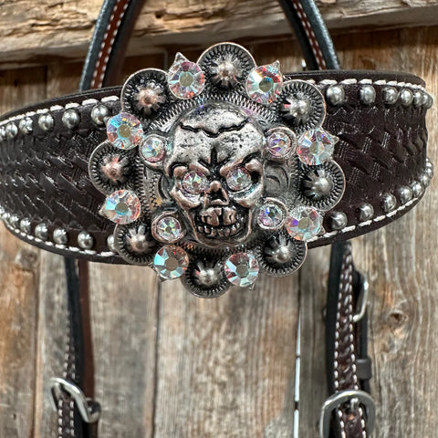 Dark Oil Silver Dot Flowers and Skulls Browband / One Ear Tack Set