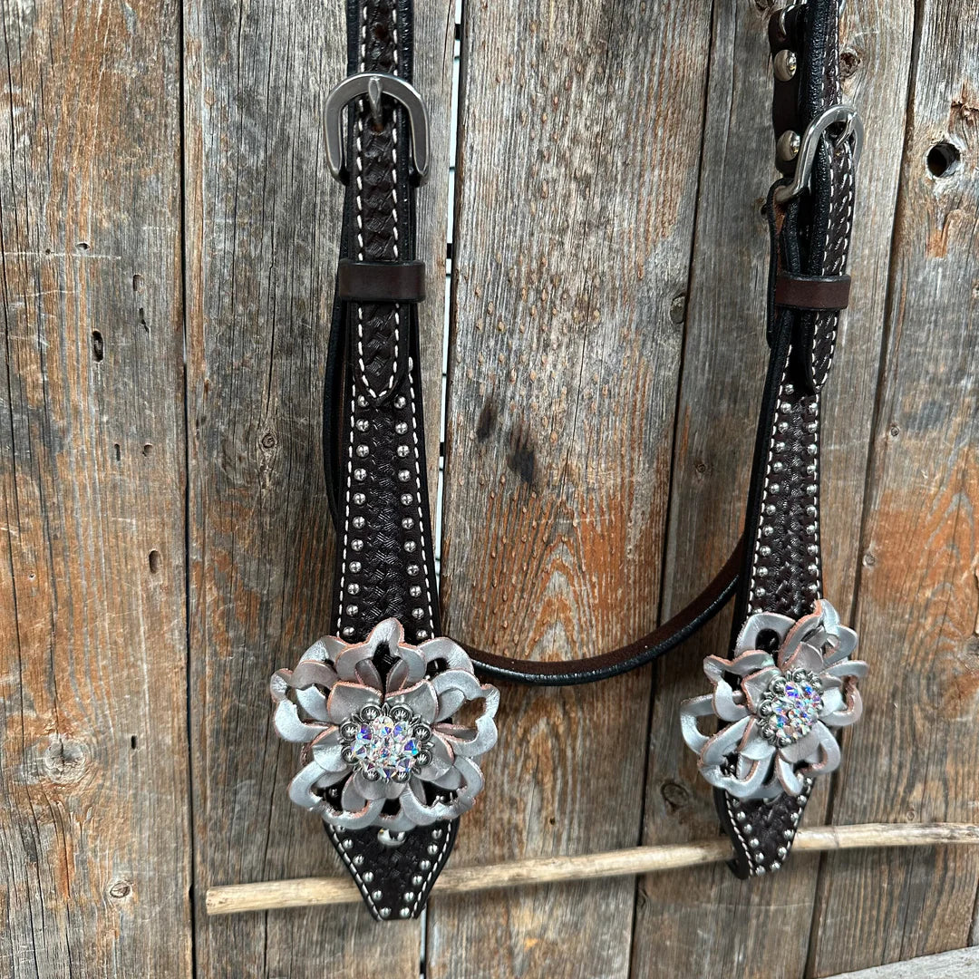 Dark Oil Silver Dot Flowers and Skulls Browband / One Ear Tack Set