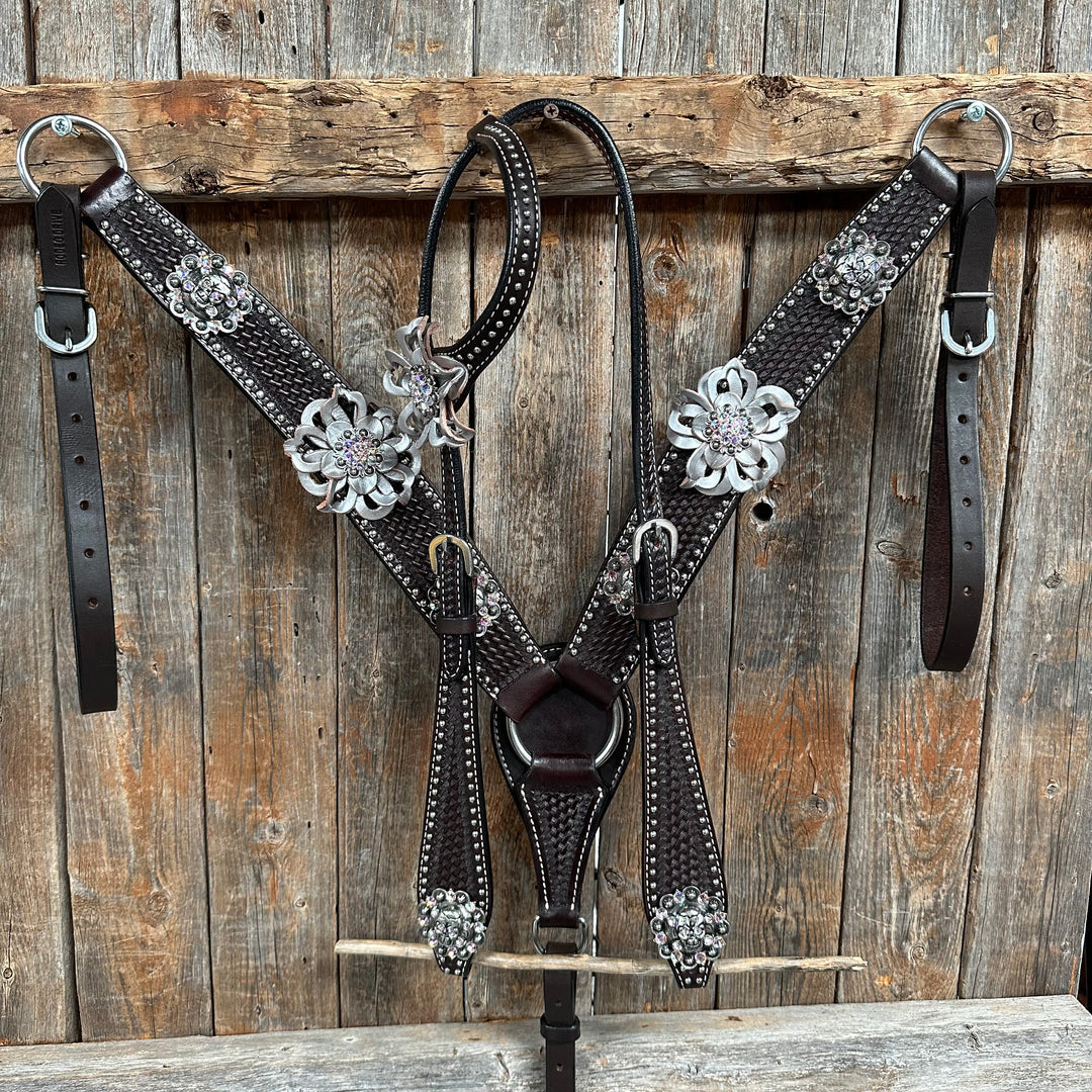 Dark Oil Silver Dot Flowers and Skulls Browband / One Ear Tack Set