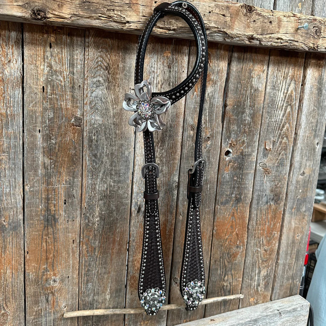 Dark Oil Silver Dot Flowers and Skulls Browband / One Ear Tack Set