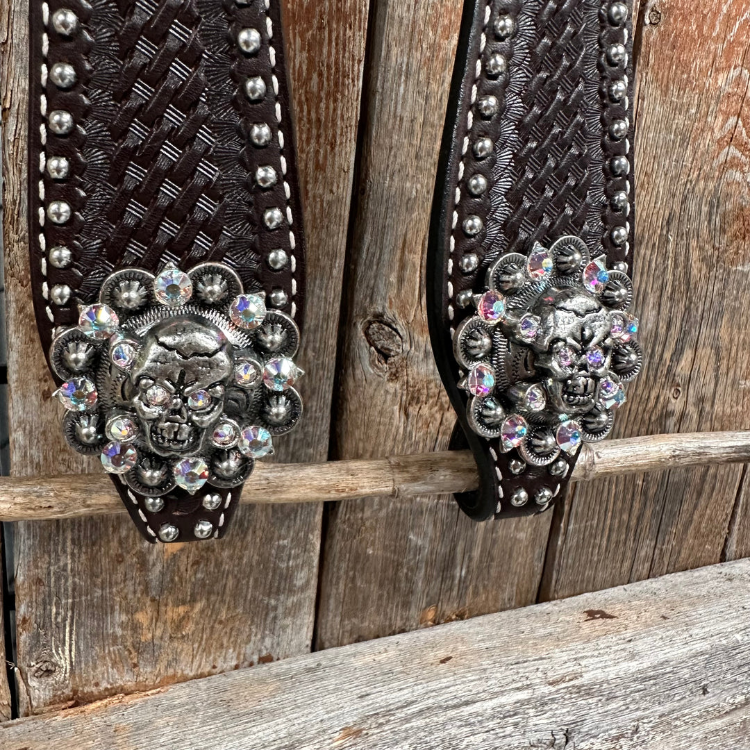 Dark Oil Silver Dot Flowers and Skulls Browband / One Ear Tack Set