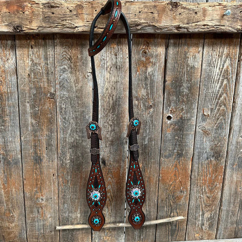 Dark Oil Hand Painted Antique Silver Turquoise One Ear and Breastcollar Tack Set