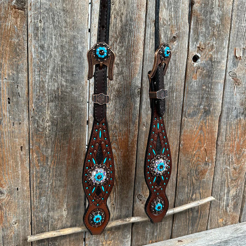 Dark Oil Hand Painted Antique Silver Turquoise One Ear and Breastcollar Tack Set