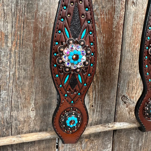 Dark Oil Hand Painted Antique Silver Turquoise One Ear and Breastcollar Tack Set