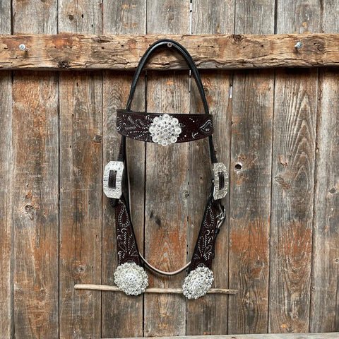 Paisley White Bright Silver Browband/One Ear Tack Set